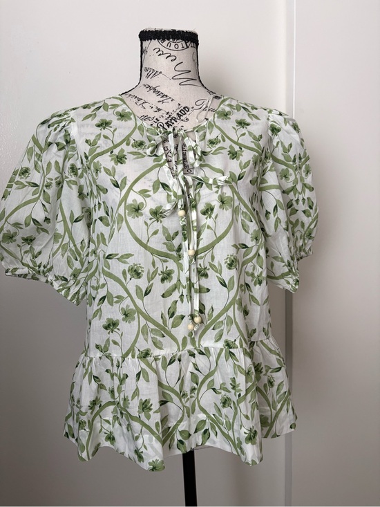 CeCe Tops - CeCe White Blouse with Green Floral Tie-Front Peplum